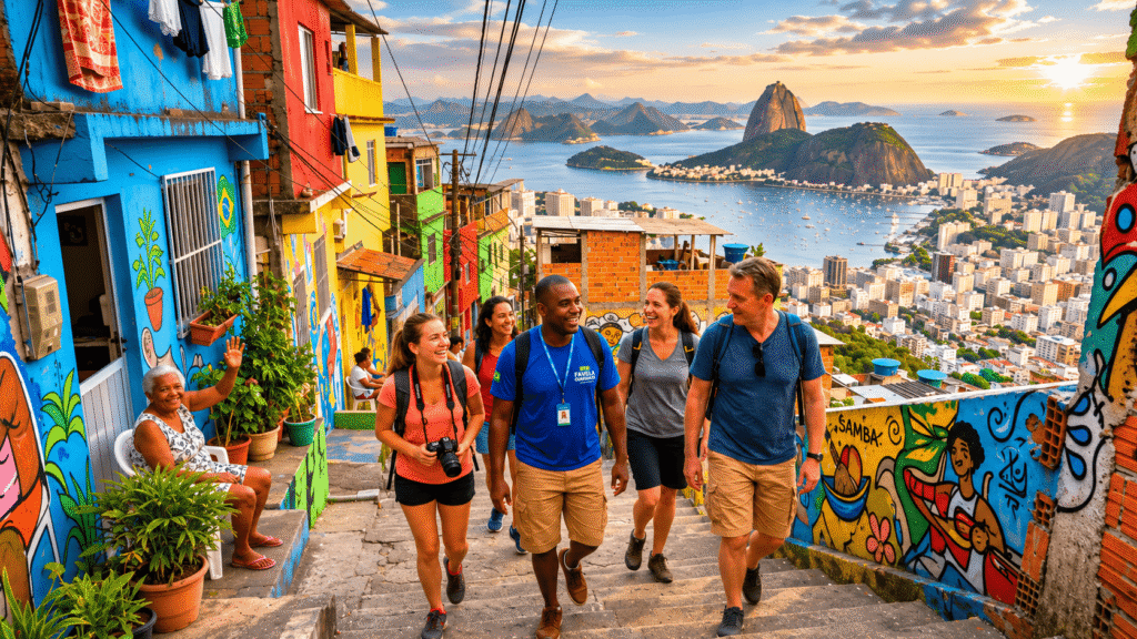 Turistas realizando favela tour na Rocinha no Rio de Janeiro com guia local