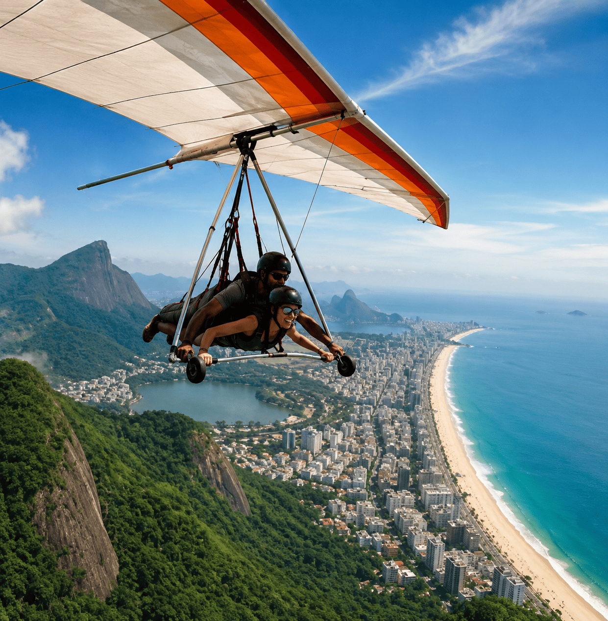 Casal realizando passeio de asa-delta sobre as praias e montanhas do Rio de Janeiro com vista panorâmica do litoral brasileiro.