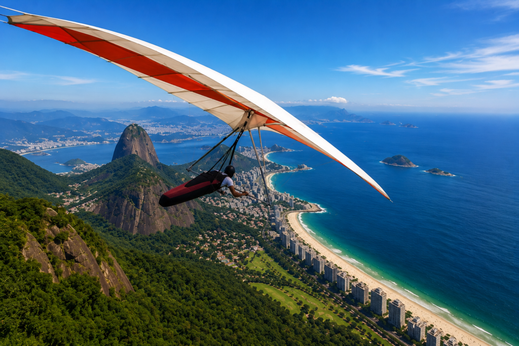 Passeio de asa delta no Rio de Janeiro com vista panorâmica das praias, montanhas e paisagens da Cidade Maravilhosa