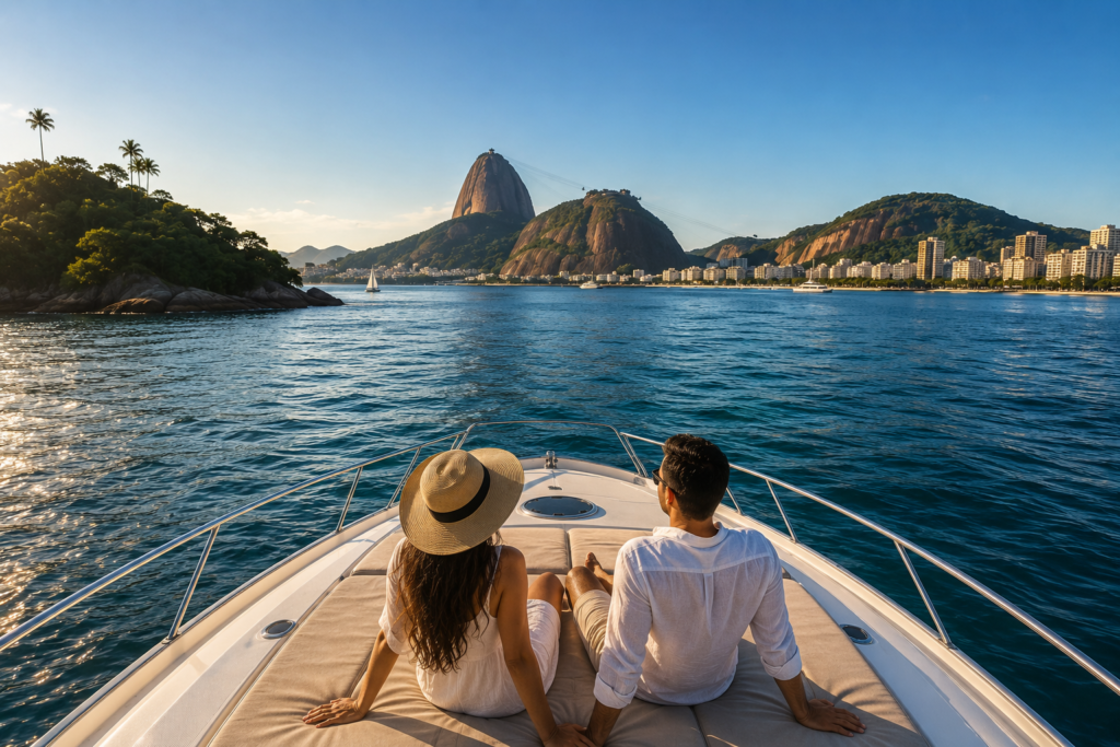 Casal durante passeio de iate no Rio de Janeiro com vista para o Pão de Açúcar e a Baía de Guanabara