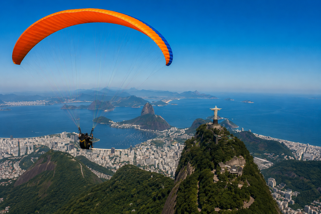 Passeio de parapente no Rio de Janeiro com vista aérea da Cidade Maravilhosa, praias e montanhas