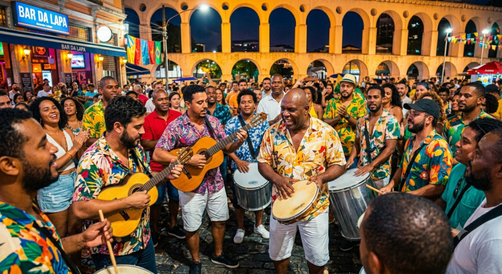 Músicos tocando instrumentos de percussão e violão em uma roda de samba calorosa e colorida na Lapa, Rio de Janeiro, com os Arcos da Lapa iluminados ao fundo durante a noite.