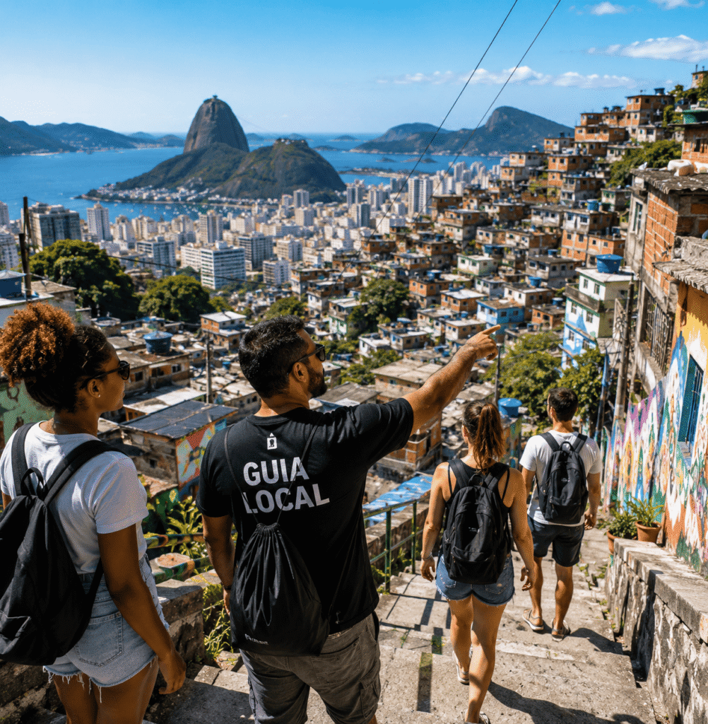 Grupo de turistas realizando tour guiado por uma favela do Rio de Janeiro com vista panorâmica da cidade e experiência de turismo cultural.