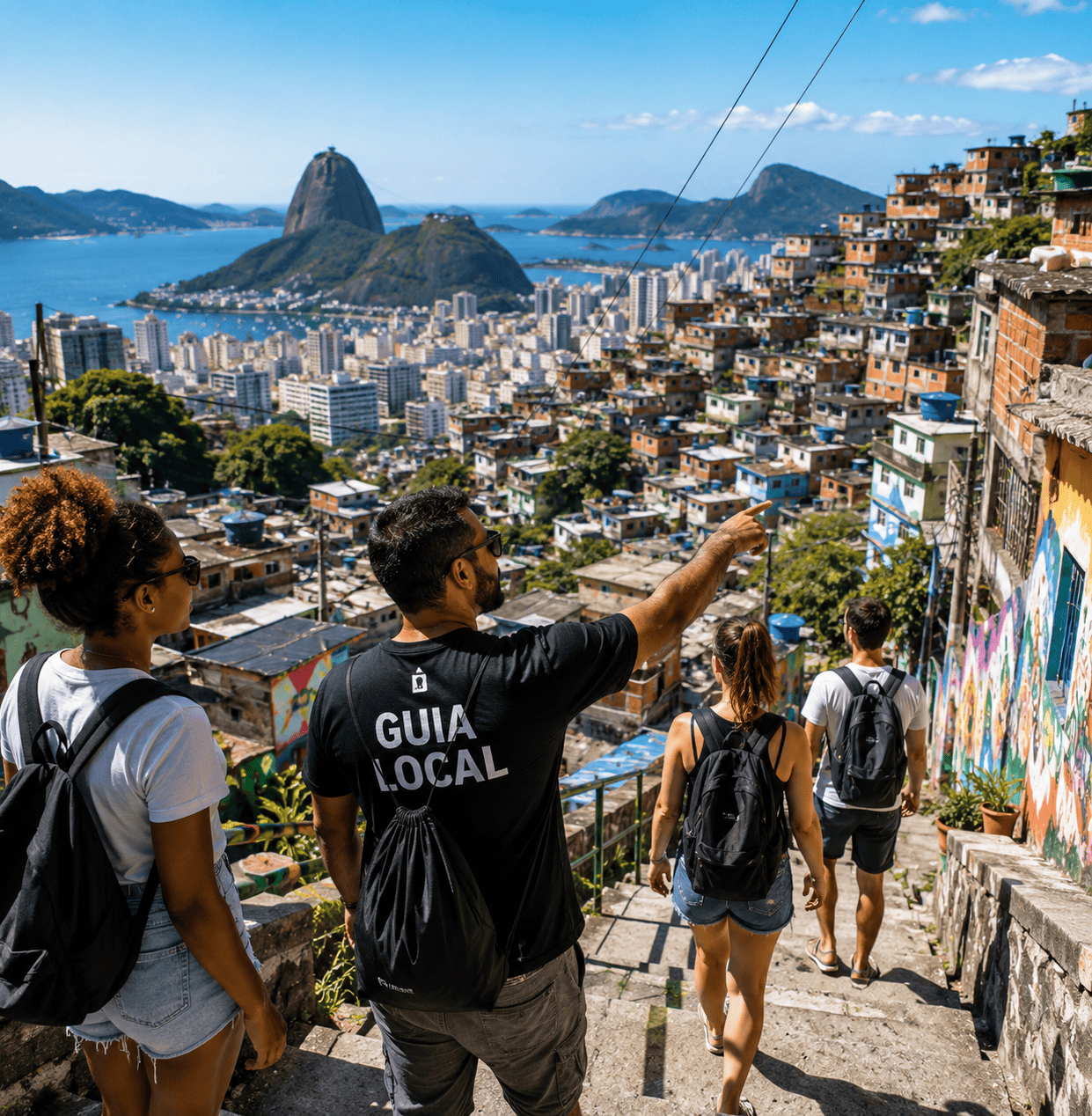 Grupo de turistas realizando tour guiado por uma favela do Rio de Janeiro com vista panorâmica da cidade e experiência de turismo cultural.