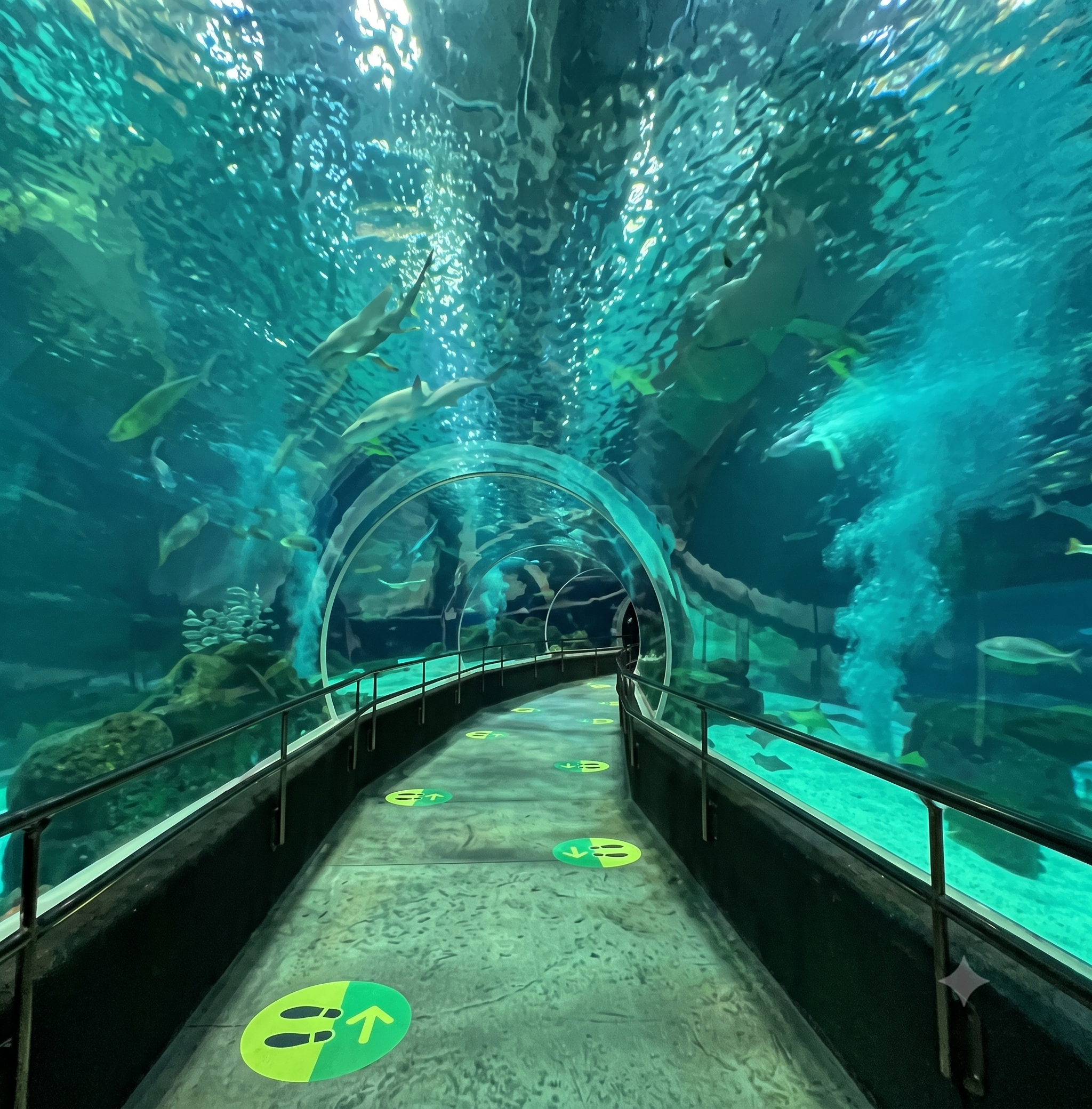 Túnel subaquático do AquaRio, no Rio de Janeiro, com peixes, tubarões e vida marinha vistos através do enorme aquário.