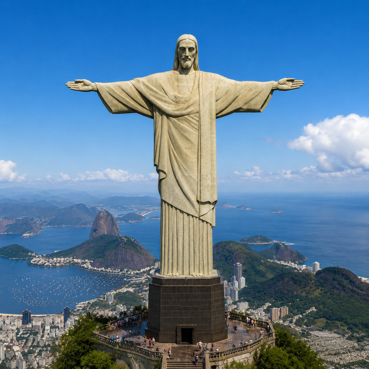 Cristo Redentor visto de frente no alto do Corcovado, com vista panorâmica da cidade do Rio de Janeiro em um dia ensolarado.