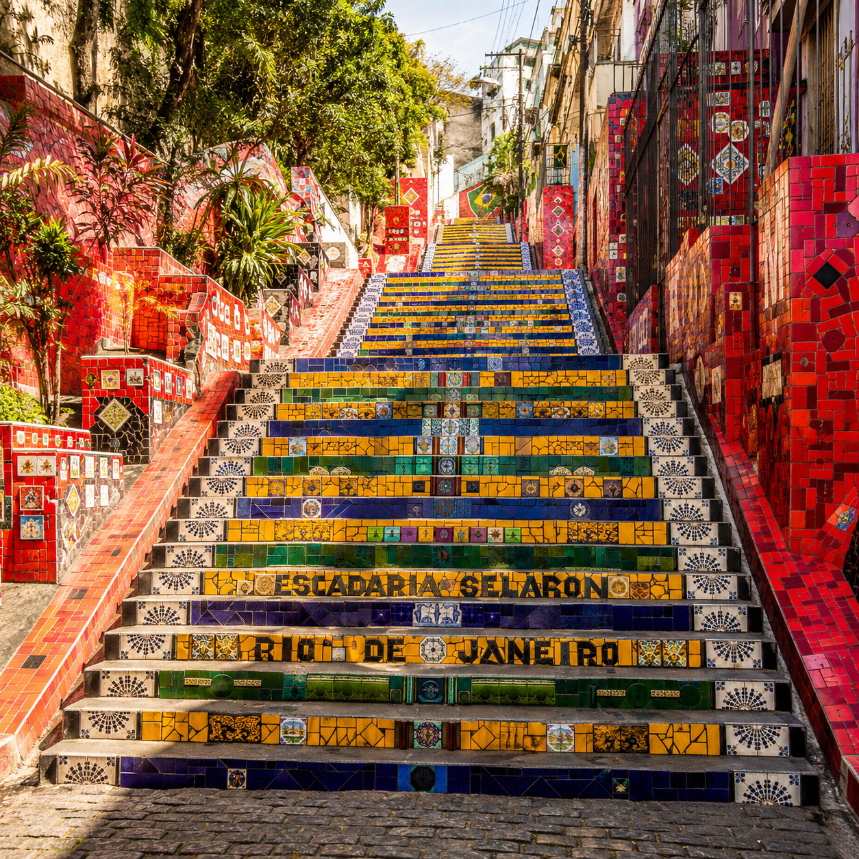 Vista da famosa Escadaria Selarón, no bairro da Lapa, Rio de Janeiro, com seus coloridos mosaicos de azulejos que atraem turistas do mundo inteiro.