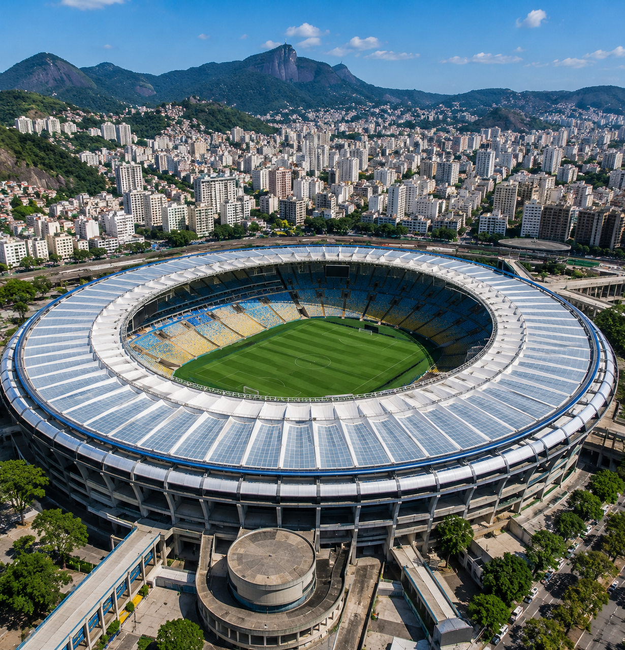 Vista aérea do Estádio do Maracanã, um dos maiores templos do futebol mundial, localizado no Rio de Janeiro.