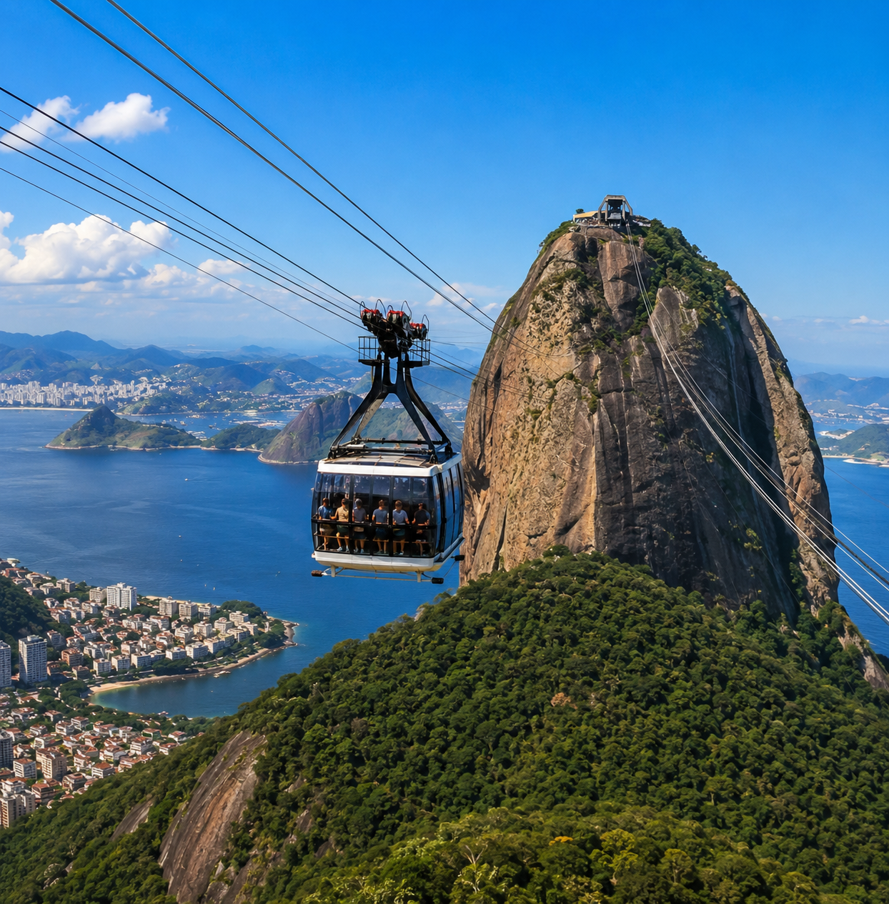 Bondinho do Pão de Açúcar com vista panorâmica da Baía de Guanabara e do Rio de Janeiro em um dia de céu azul.