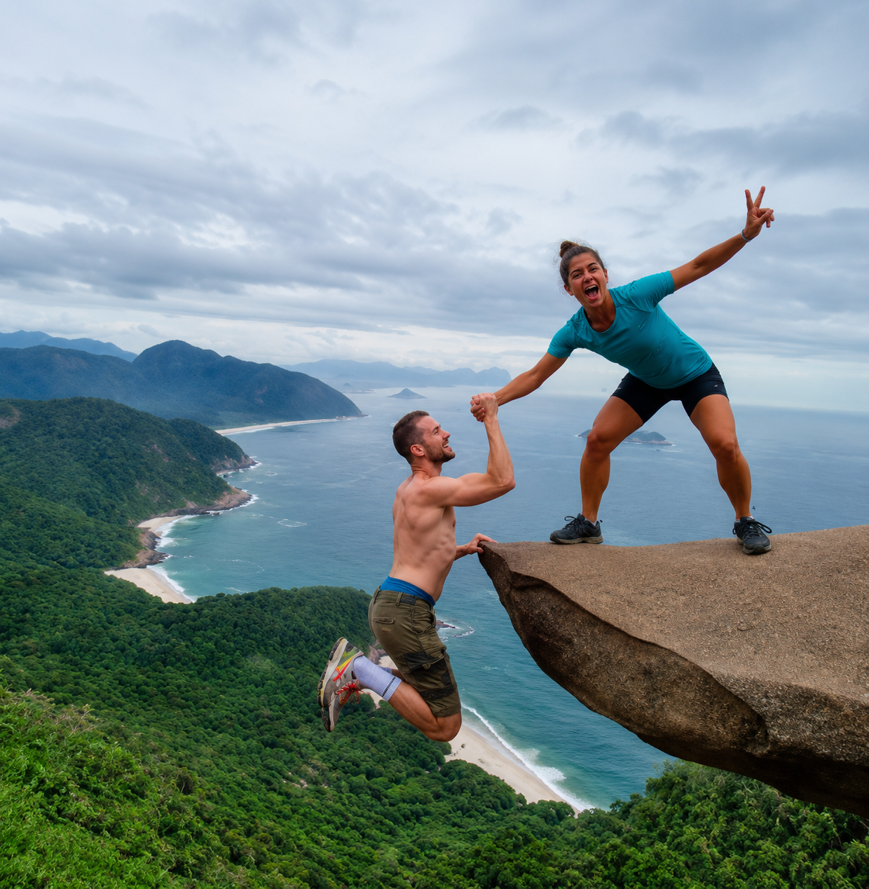 Casal se divertindo na Pedra do Telégrafo, um dos mirantes mais famosos do Rio de Janeiro, com vista panorâmica para praias, montanhas e Mata Atlântica.