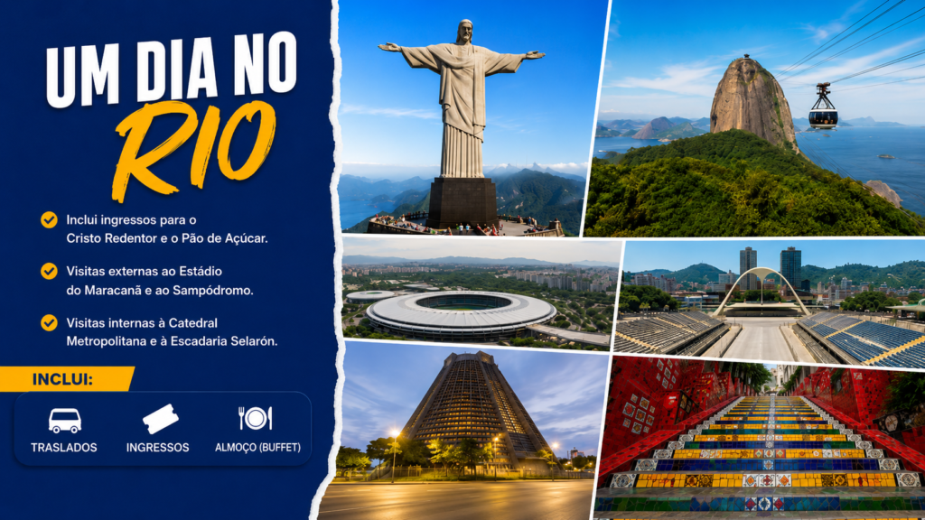 Pacote Um Dia no Rio com visita ao Cristo Redentor, Pão de Açúcar, Maracanã, Sambódromo, Catedral Metropolitana e Escadaria Selarón, incluindo transporte, ingressos e almoço.