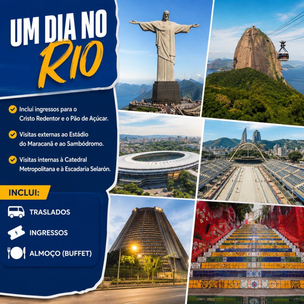 Passeio Um Dia no Rio de Janeiro com visita ao Cristo Redentor, Pão de Açúcar, Escadaria Selarón, Catedral Metropolitana, Maracanã e Sambódromo, incluindo traslados, ingressos e almoço buffet.