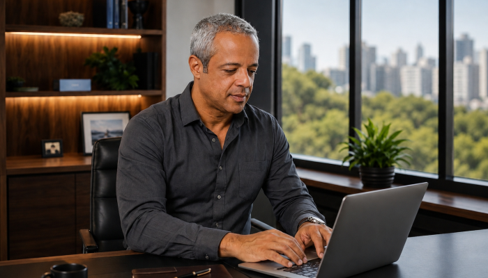 Homem de cabelo grisalho e camisa cinza trabalhando no notebook em uma mesa de escritório moderna, representando serviços de consultoria e produção de conteúdo para blog.